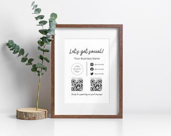 Modèle de signe de médias sociaux de petite entreprise, signe de code QR, Instagram Facebook suivez-nous signe, laissez-nous un signe de révision, signe imprimable modifiable