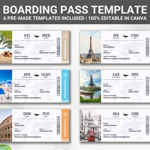 Puede incluir: Seis plantillas de tarjetas de embarque imprimibles con diferentes destinos de viaje. Cada plantilla presenta una imagen colorida de un monumento famoso, como la Torre Eiffel, el Coliseo y el Puente Golden Gate. Las plantillas son editables en Canva e incluyen campos para el nombre, la hora, la fecha y un mensaje especial.