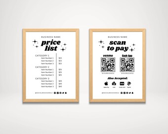 Printable Scan to Pay Sign, Price List Template, DIY QR Code Sign, Editable Payment Sign, Pricing Sheet, Price Guide, Accepted Payments Sign