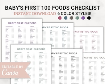 Rastreador de alimentos para bebés imprimible, lista de verificación de los primeros alimentos del bebé, rastreador de sólidos, registro de alimentos para bebés, lista de alimentos para bebés, diario de alimentos para bebés, plantilla Canva