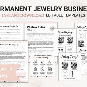 Kit de démarrage d'entreprise de bijoux permanents Carte d'entretien de garantie de bijoux permanents Formulaire de consentement de bijoux permanents Modèle de canva de bijoux permanents