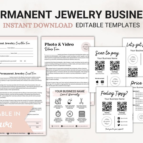 Permanent Jewelry Business Starter Kit, Permanent Jewelry Warranty Care Card, Permanent Jewelry Consent Forms, Permanent Jewelry Template