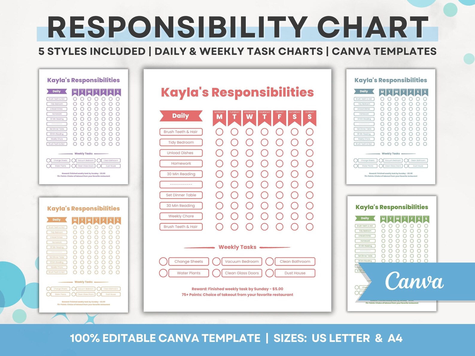 Weekly Responsibilities Editable Chore and Responsibilities Chart, Kids Teens Weekly & Daily ...