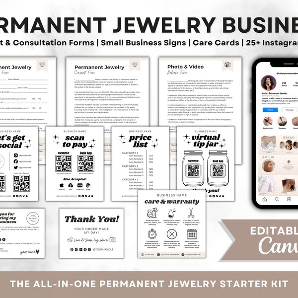 Permanent Jewelry Business Starter Kit Bundle, Consultation Consent Release Forms, Warranty Care Card, DIY Canva Template Instagram Posts