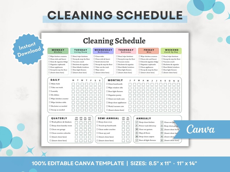 Editable Cleaning Schedule Printable Weekly Monthly Yearly Etsy