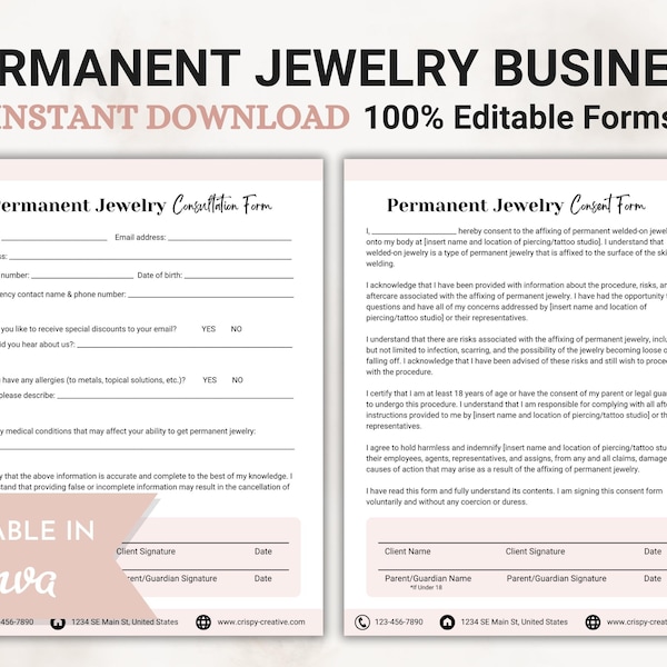 Permanent Jewelry Business Bundle, Permanent Jewelry Liability Waiver, Permanent Jewelry Consent Forms, Permanent Jewelry Canva Template