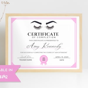 Lash Certificate Of Completion Editable Template, Printable Lash Extension Certificate, Lash Course Certificate, Beauty Award Canva Template
