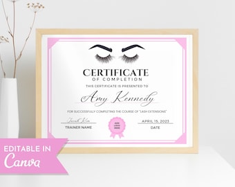 Modèle modifiable de certificat d'achèvement de cils, certificat d'extension de cils imprimable, certificat de cours de cils, modèle Canva de récompense de beauté