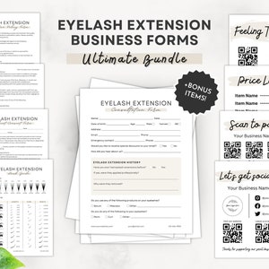 May include: A set of printable business forms for eyelash extension businesses. The forms include a consultation form, a lash guide, a price list, and scan to pay QR codes. The forms are designed in a modern, minimalist style with a white background and black text.