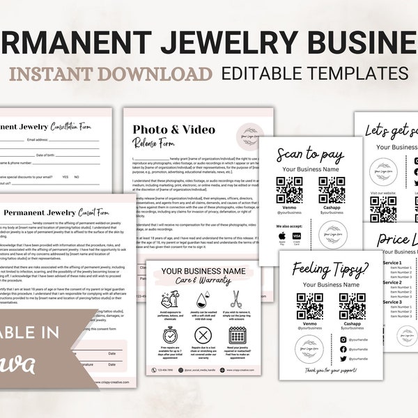 Permanent Jewelry Consent Forms, Waiver Permanent Jewelry, Client Form, Care Card, Aftercare Card, Fully Editable, DIY File Edit in Canva