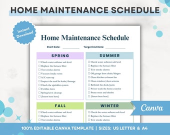 Home Maintenance Schedule Checklist, Editable Household Chore Checklist Tracker, Adhd Cleaning Planner, Home Chores, Canva Cleaning Routine
