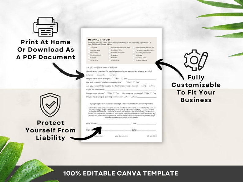 May include: A customizable medical history form template for businesses. The form includes questions about allergies, medications, and other relevant medical information. The template is fully editable and can be printed at home or downloaded as a PDF document. The form also includes a liability waiver for businesses to protect themselves from legal issues.