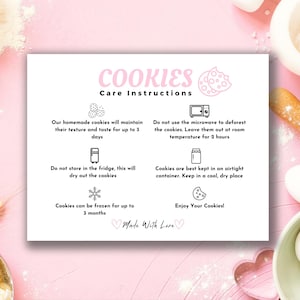 Bewerkbare Cookie Care-kaartsjabloon, Cookie Business Care-kaartsjabloon, Cookie-pakket Onderhoudsinstructies, Afdrukbare zorgkaarten, Canva