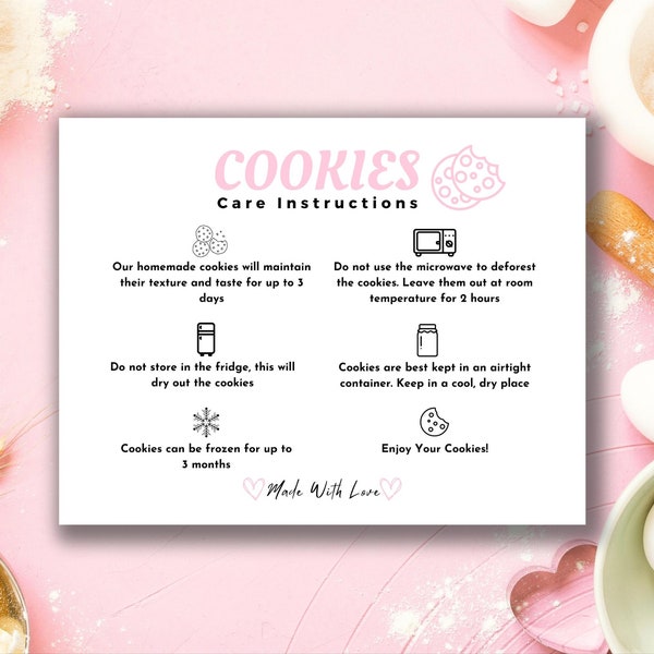 Editable Cookie Care Card Template, Cookie Business Care Card Template, Cookie Package Care Instructions, Printable Care Cards, Canva