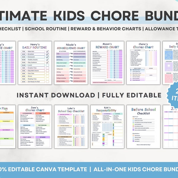 Editable Kids Chore Chart Planner, Reward Allowance Behavior Consequence List, School Routine, Daily Weekly Monthly Checklist Tasks Canva