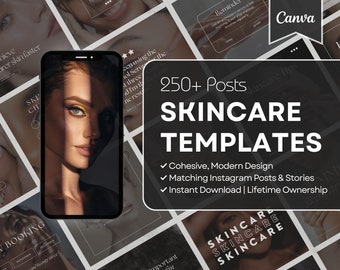 250 Skincare Instagram Templates, Esthetician Instagram Post Template, Acne Dermatologist Templates, Modern Skin Care Social Media Kit Canva