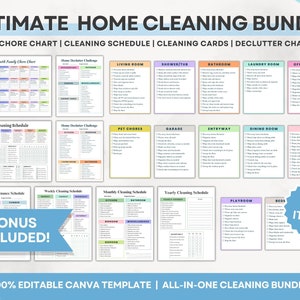 Bundel schoonmaakchecklist, bewerkbaar huishoudelijk schoonmaakschema, Adhd-reiniging voor kinderen, schema voor volwassenen, plannersjabloon gezinsreiniging