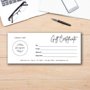 Plantilla de certificado de regalo editable, vale de regalo con logotipo añadido, certificado de regalo mínimo, vale de regalo personalizable, cupón de tarjeta de regalo imprimible