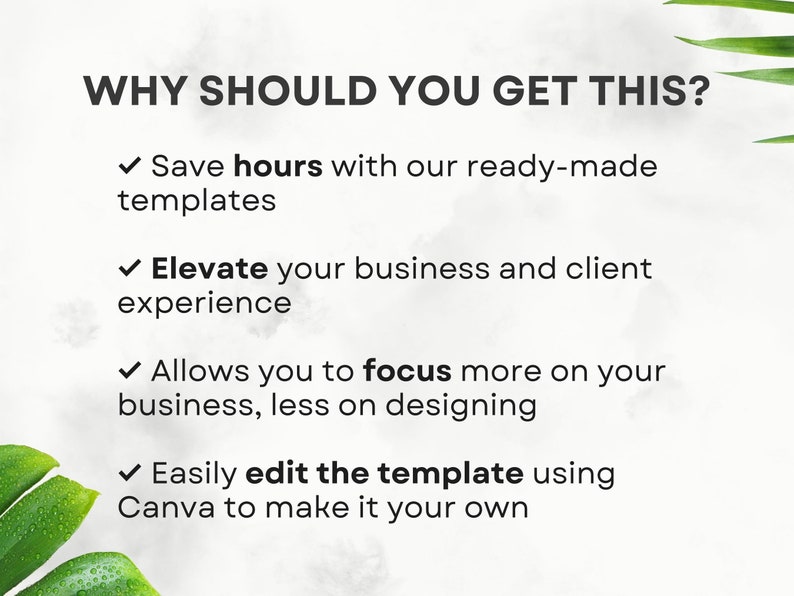May include: Text on a white background with green leaves in the corner. The text reads "WHY SHOULD YOU GET THIS?" followed by four bullet points with check marks. The bullet points list the benefits of using ready-made templates: save hours, elevate your business and client experience, focus more on your business, and easily edit the template using Canva.