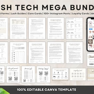 May include: A digital download of 100+ customisable templates for lash technicians. The templates include consent forms, lash guides, care cards, Instagram posts, loyalty cards, and more. The templates are 100% editable in Canva.