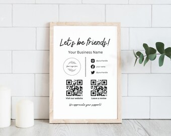 Modèle de signe de médias sociaux de petite entreprise, signe de code QR, Instagram Facebook suivez-nous signe, laissez-nous un signe de révision, signe imprimable modifiable