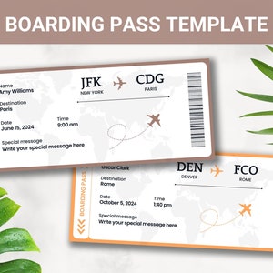 Editable Boarding Pass Template, Printable Airline Ticket, Plane Boarding Pass Surprise Trip, Digital Download DIY Boarding Ticket, Canva