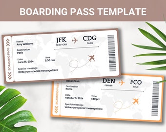 Editable Boarding Pass Template, Printable Airline Ticket, Plane Boarding Pass Surprise Trip, Digital Download DIY Boarding Ticket, Canva