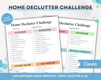Entrümpelungs-Checklisten-Vorlage, bearbeitbarer Reinigungsplan, Entrümpelungs-Herausforderung, Hausreinigungs-Checkliste, Entrümpelungsplaner Printable Canva