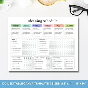 編集可能な掃除スケジュール 印刷可能 毎週 毎月 毎年 掃除チェックリスト ADHD 掃除プランナー 家事リスト 掃除 Canva テンプレート