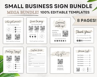 Editable Business Sign Template Bundle, Scan To Pay Sign, Social Media Sign Printable, Wifi QR Code Sign, Tips Sign, Lets Get Social, Canva