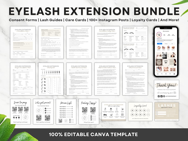 May include: A digital bundle of printable templates for eyelash extension businesses. The bundle includes consent forms, lash guides, care cards, Instagram posts, loyalty cards, and more. The templates are 100% editable in Canva.