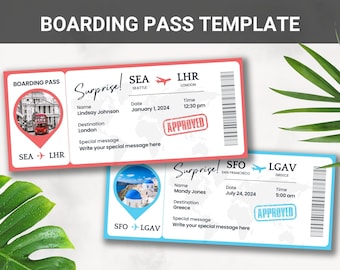 Editable Boarding Pass Template, Printable Airline Ticket, Plane Boarding Pass Surprise Trip, Digital Download DIY Boarding Ticket, Canva