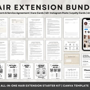 Haarverlenging Business Starter Kit, bewerkbare haarextensies Toestemmingsconsultatieformulieren, Haarstylist Zorgkaarten, Instagram Posts Template