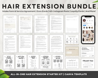 Hair Extension Business Starter Kit, Editable Hair Extensions Consent Consultation Forms, Hair Stylist Care Cards, Instagram Posts Template