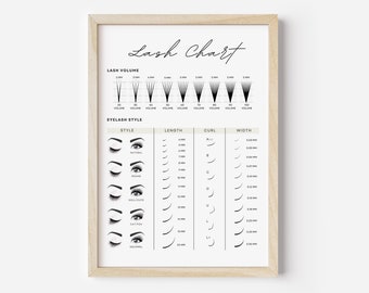 Digital Lash Chart Guide, Printable Lash Poster, Eyelash Extension Decor, Editable Esthetician Lash Style Chart Display, Canva Template