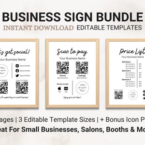 Könnte beinhalten: Drei druckbare Schablonen für Geschäftsschilder mit editierbaren Textfeldern. Die Schilder zeichnen sich durch ein Schwarzweiß-Design mit moderner, minimalistischer Ästhetik aus. Die Schilder beinhalten ein Schild mit dem Text "Let's get social!" mit Social-Media-Symbolen und QR-Codes, ein Schild mit dem Text "Scan to pay" mit QR-Codes für Venmo und Cashapp sowie ein Schild mit dem Text "Price List" mit einer Liste von Dienstleistungen und Preisen.