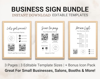 Kit de inicio de plantilla de signo de redes sociales para pequeñas empresas, signo de código QR, signo de Síguenos en Instagram, déjenos un signo de revisión, signo editable