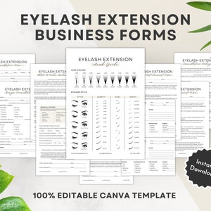 May include: A set of printable forms for eyelash extension businesses. The forms include a consultation form, a lash guide, a client consent form, and an extension application form. The forms are 100% editable in Canva.