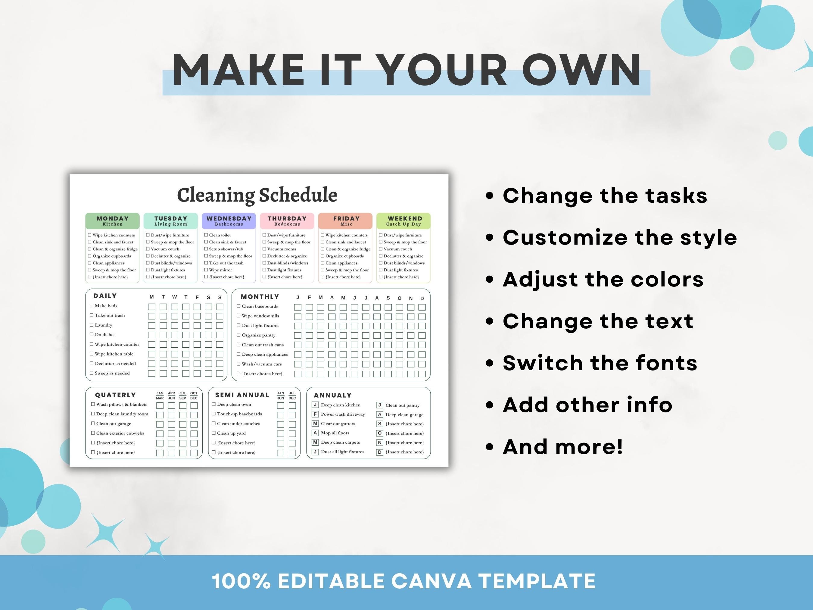 Editable Cleaning Schedule Printable Weekly Monthly Yearly Cleaning ...
