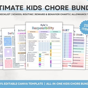 Bewerkbare Kids Chore Chart Bundle, Beloningstoelage Gedrag Gevolgenlijst, DIY Schoolroutine, Dagelijkse Wekelijkse Maandelijkse Checklist Taken Canva