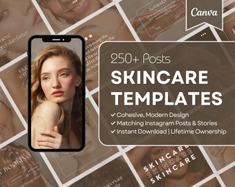 250 plantillas de Instagram para el cuidado de la piel, plantilla de publicación de Instagram para esteticista, plantilla de dermatólogo para el acné, kit de redes sociales para el cuidado de la piel neutro Canva