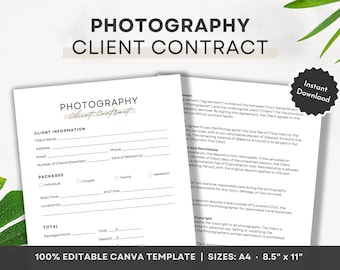 Photography Client Contract Form, Editable Client Agreement for Photographers, Photographer Marketing Business Template, Canva Template