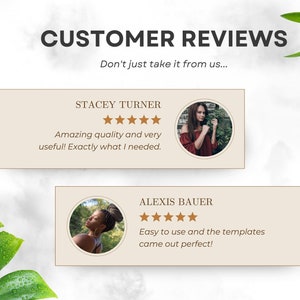 May include: Two customer reviews with five-star ratings. The first review is from Stacey Turner, who says "Amazing quality and very useful! Exactly what I needed." The second review is from Alexis Bauer, who says "Easy to use and the templates came out perfect!"