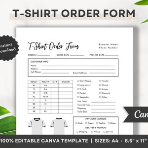 Editable T-Shirt Order Form, Printable Shirt Order Form, Editable Small Business Clothing Order Form, Purchase Order Form, Canva Template