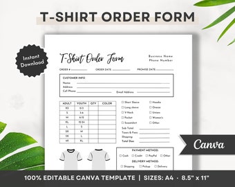 Editable T-Shirt Order Form, Printable Shirt Order Form, Editable Small Business Clothing Order Form, Purchase Order Form, Canva Template