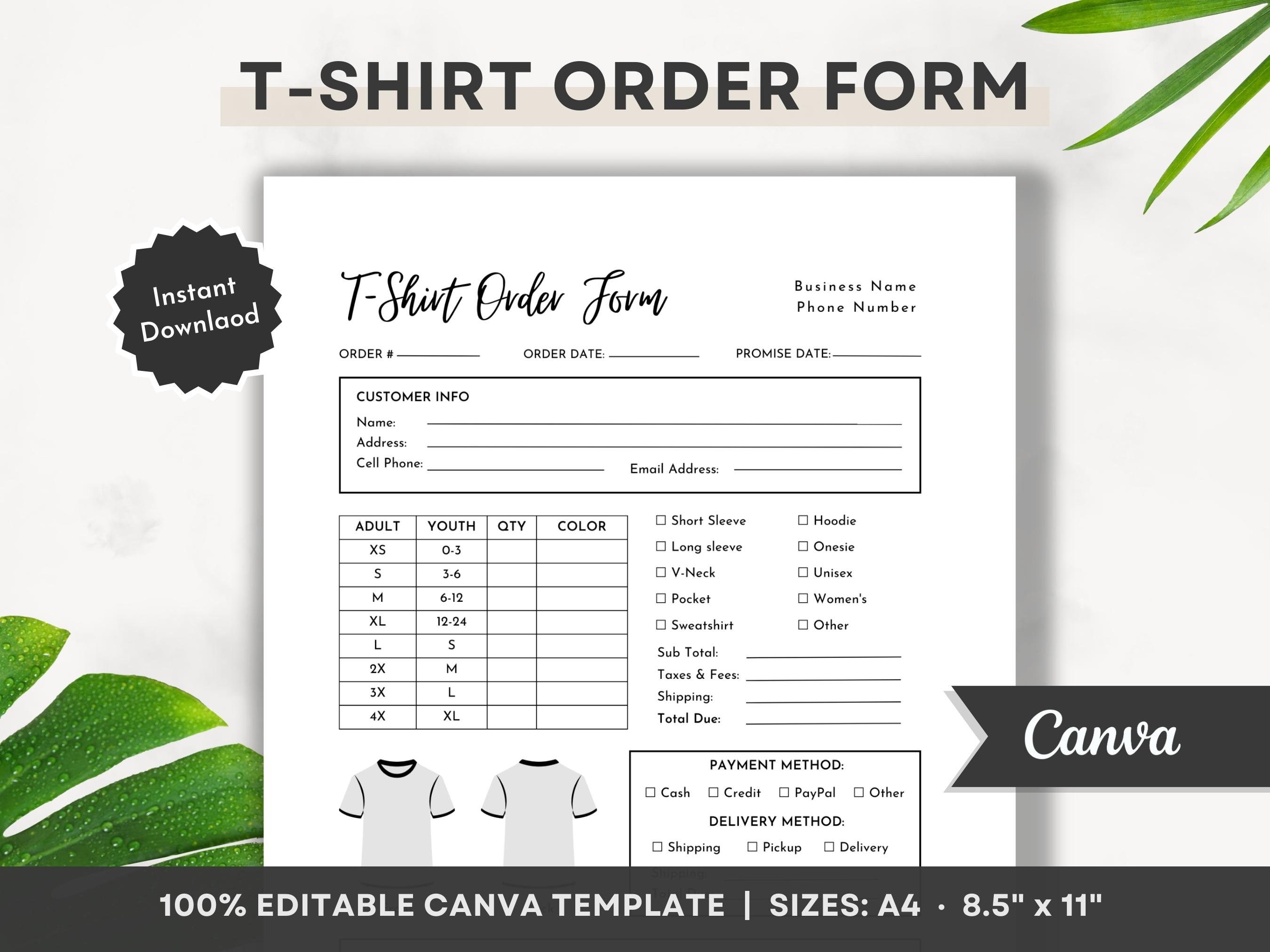 editable t-shirt order form, printable shirt order form, editable