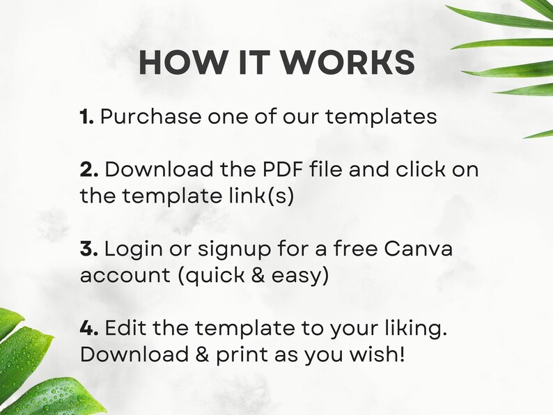 May include: How it works: Purchase a template, download the PDF file, click on the template link, login or signup for a free Canva account, edit the template, download and print.