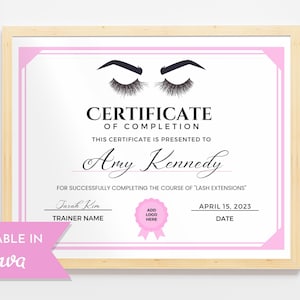 Lash Certificate Of Completion Editable Template, Printable Lash Extension Certificate, Lash Course Certificate, Beauty Award Canva Template