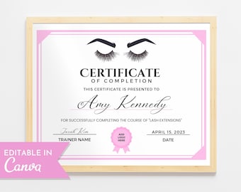 Modèle modifiable de certificat d'achèvement de cils, certificat d'extension de cils imprimable, certificat de cours de cils, modèle Canva de récompense de beauté