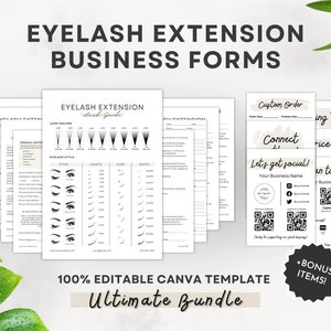 May include: A set of printable business forms for eyelash extension businesses. The forms include a lash guide, a custom order form, a price list, and a connect with us section with QR codes. The forms are 100% editable Canva templates.